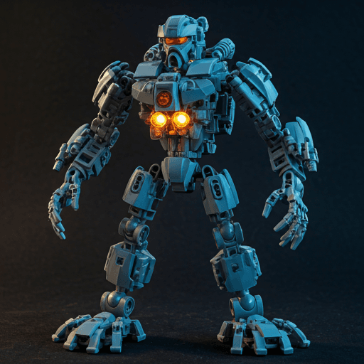 A futuristic LEGO robot build with glowing orange internal lights and cold blue metal surfaces