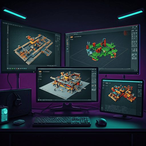 Multiple monitors displaying LEGO build streams and 3D modeling software in a dark room with neon backlighting