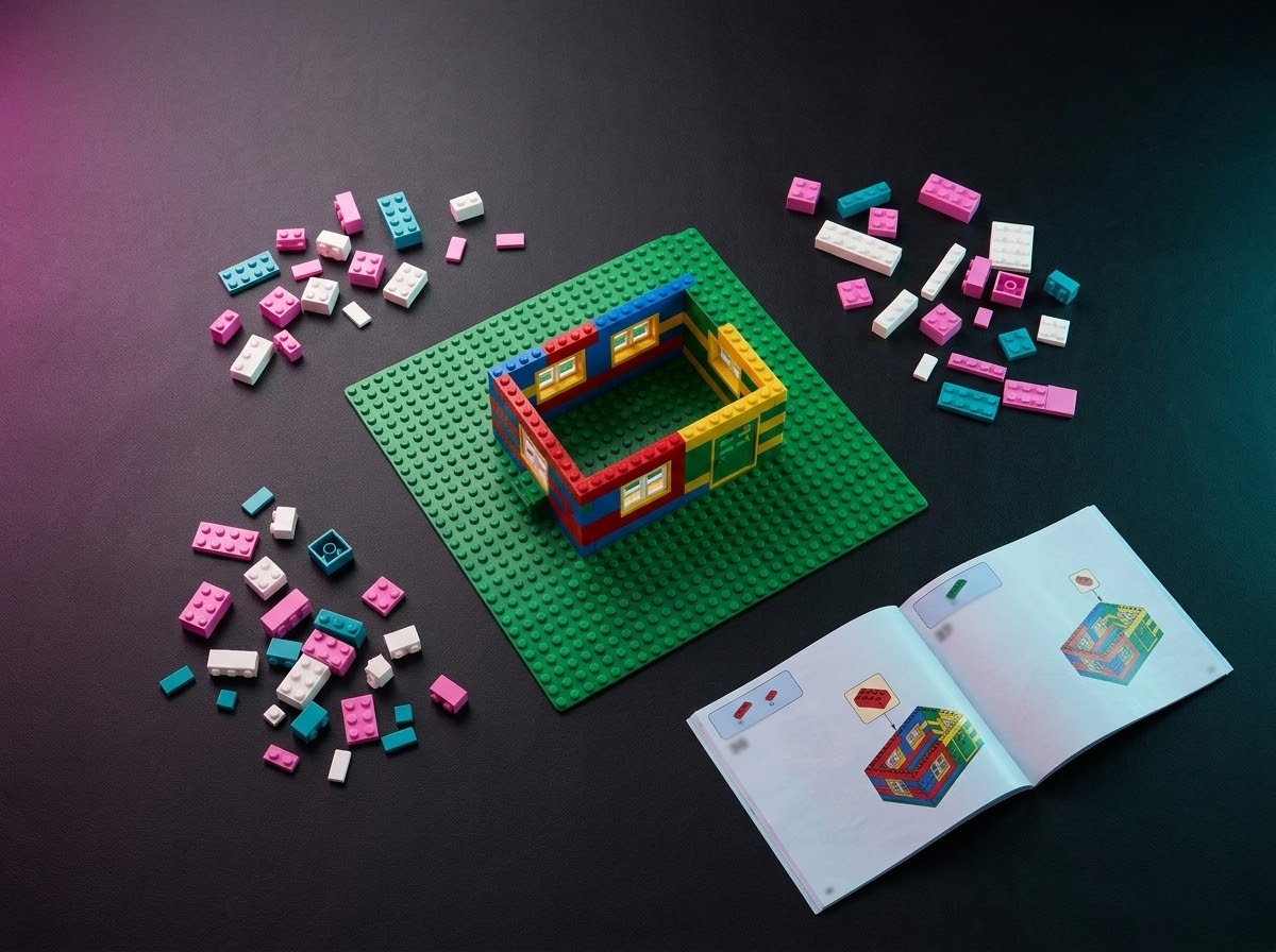 LEGO build in progress on a workspace with colorful bricks and a green baseplate